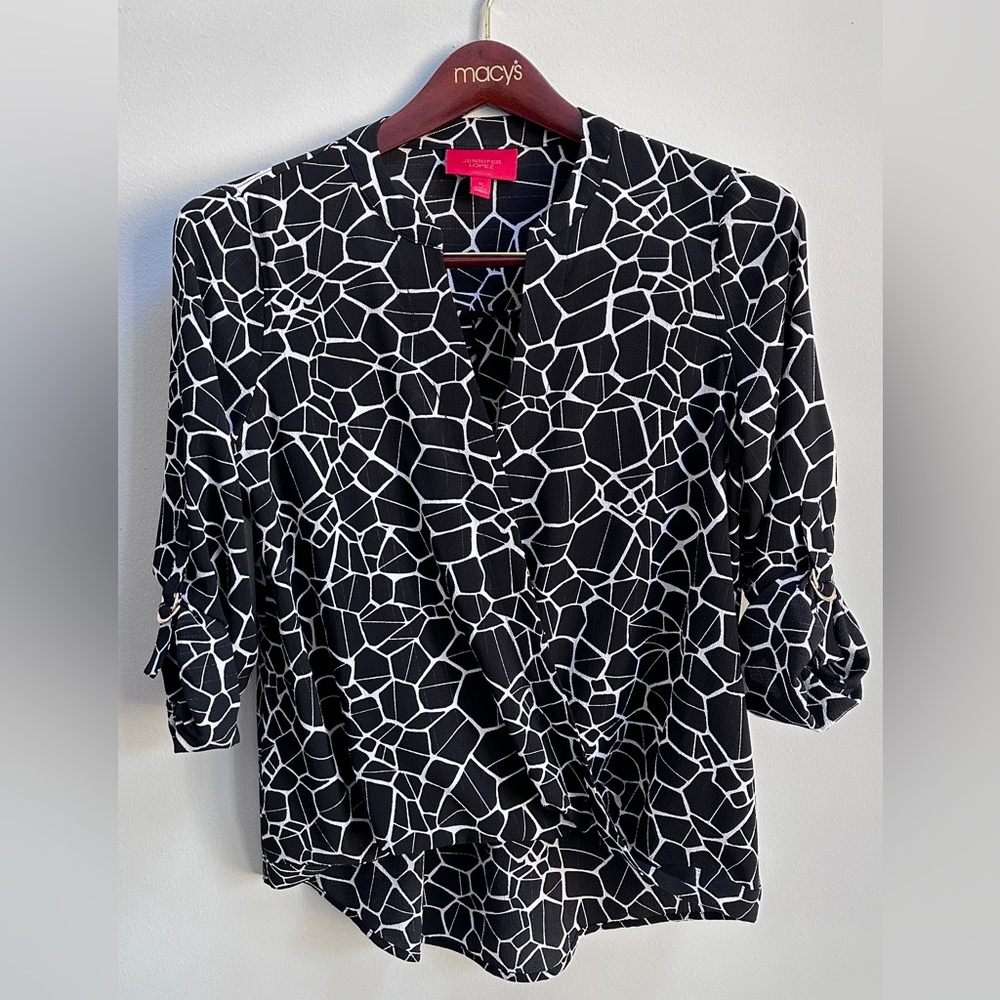 Jennifer Lopez black white animal print drape front top blouse size M